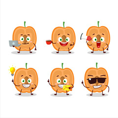 Slice of apricot cartoon character with various types of business emoticons