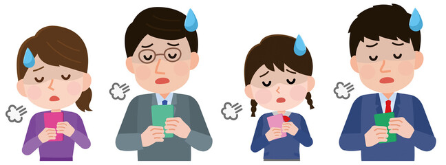 SNS、スマホで疲れる人々　デジタル疲れ　SNS疲れ　イラスト