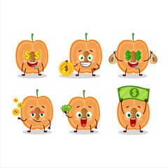 Slice of apricot cartoon character with cute emoticon bring money