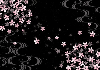 夜桜と優雅な波の和柄黒