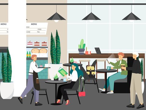 People in cafe work and drink coffee, concept vector illustration. Customers buy coffee in cafe shop. Waiter brings coffee and cake to female client