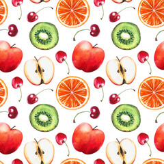 Watercolor seamless pattern with fruits.  Apple, orange, kiwi, cherry.