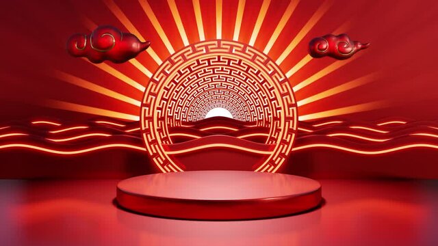 3d motion looping of Chinese new year celebration product backdrop with the countertop on red theme background.