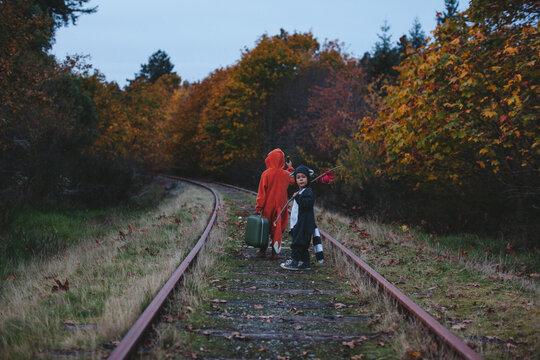 Kids dressed up like fox and raccoon walking on train tracks