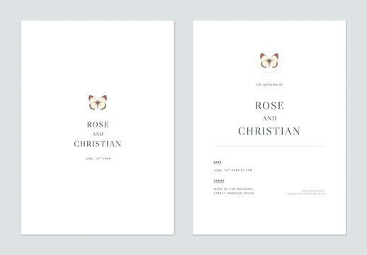 Minimalist wedding invitation card template design decorated with Colotis antevippe on white