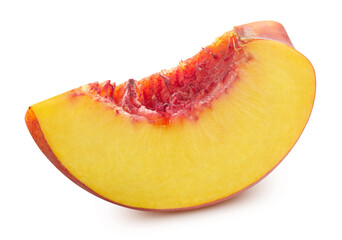 Peach slice. Peach isolated clipping path. Organic peach macro studio photo. Full depth of field