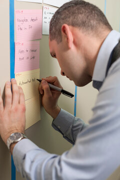 Agile software team member writing on the iteration card wall