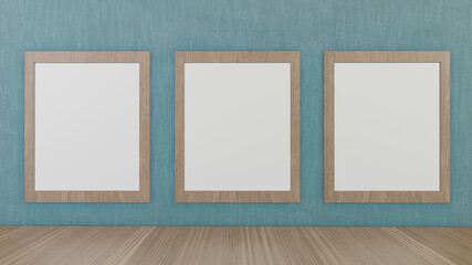 Fototapeta na wymiar The blank picture frames on green wallpaper for background 3d rendering