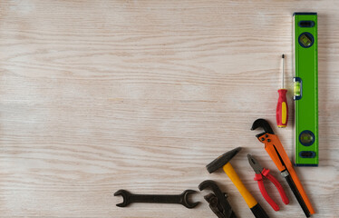 locksmith tools on a background of bog oak, copy space