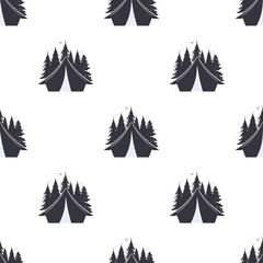 Seamless pattern with tent and forest silhouette. Good for banners, books, wrapping paper, and camping-themed postcards. Vector.