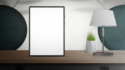 Tablet with a white screen. Studio background space with shadows and shelf. White studio with green holes in round circles. Vector.