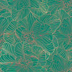 Turquoise-green seamless stylized floral pattern with golden streaks. Blooming tulips art. Beautiful organic background for wrappers, packaging, different designs.