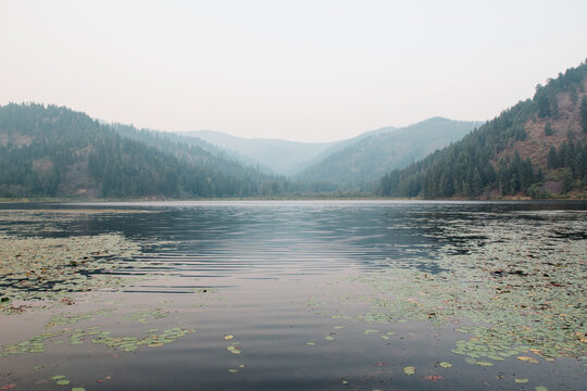Wild fire smoke casting a blue hue over Freeman Lake, Idaho.