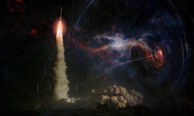 Spaceship launch to distant worlds and stars, exploration and space travel concept. Elements of...