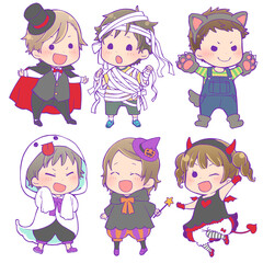 ハロウィンの仮装をした子供セット