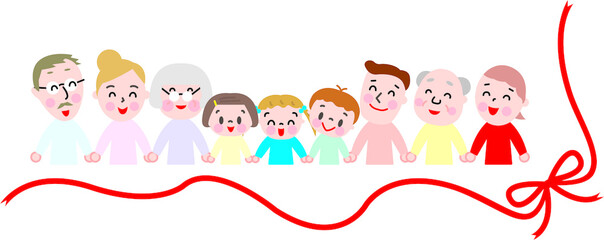 人々とリボン　沢山　老若男女　子供　大人　お年寄り　笑顔　コピースペース