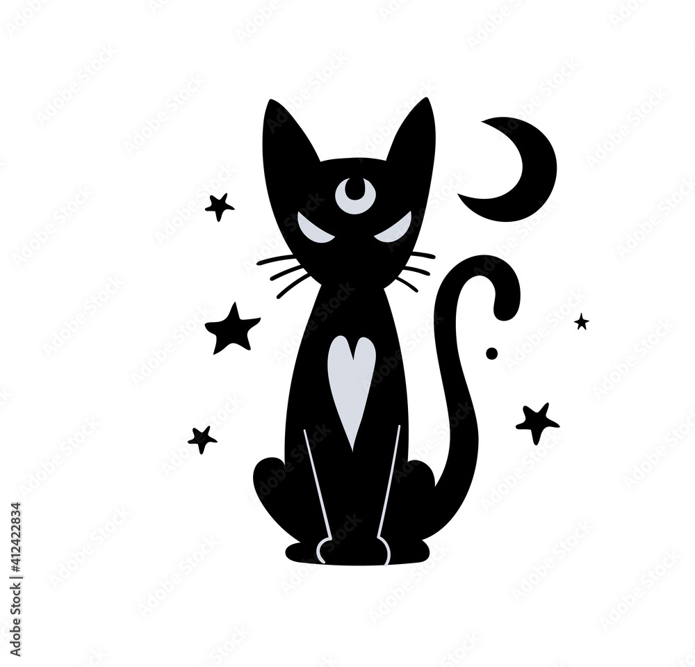 Wall mural sitting black cat, silhouette isolated on white background. witch symbol, elements for halloween and