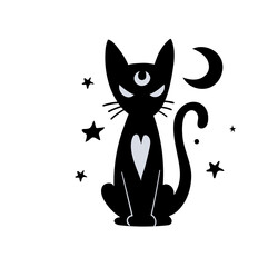 Sitting black cat, silhouette isolated on white background. Witch symbol, elements for halloween and witchcraft. Simple boho tattoo, vector illustration