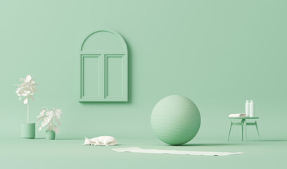 Obraz premium Fitness ball, yoga and cat, plants . Pastel blue colors scene. Trendy 3d render for sport fitness equipment, female concept, exercise daily background. Healthy living.