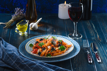Pasta with cherry tomatoes, mozzarella and spinach olives, wine and oil on a wooden table. Rustic style.