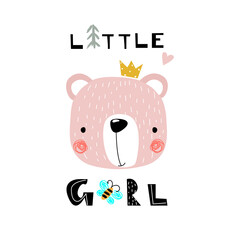 Cute pink princess bear cub on white background. Vector illustration for printing on clothing, packaging paper, postcards, posters, banners. Cute baby background.