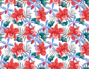 Fotobehang Colourful Seamless Pattern with tropic flowers and leaves. © Natalia @themishaart