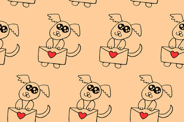 Vector Seamless pattern. Cute contour little dog with love letter and hearts. Hand drawn doodle. Background and texture on theme of Valentine's Day, sending and receiving post, confessions of feelings
