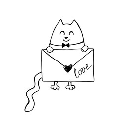 Vector cute contour cat with love letter. Hand drawn doodle. Simple design element for greeting card, Valentine's day, birthday, coloring book