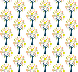 Seamless pattern of colourful trees with multi colour dots as leaves