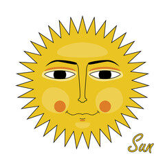 The sun. The smiling face of the sun. A cartoon-style character. Vector illustration isolated on a white background for design and web.
