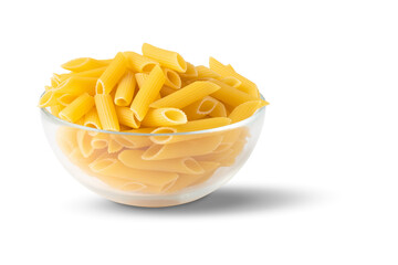 Raw organic pasta in a glass bowl isolated on a white background