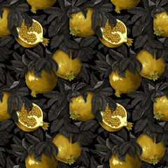 Botanical pattern. Juicy golden pomegranates on green branches. Vegetable illustration. Hand drawing. Suitable for the design of fabric, paper, wallpaper, notebook covers