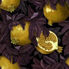 Botanical pattern. Juicy golden pomegranates in green leaves. Vegetable illustration. Hand drawing. Suitable for the design of fabric, paper, wallpaper, notebook covers