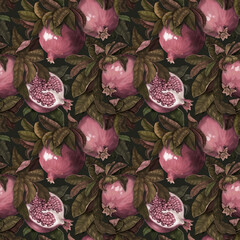 Botanical pattern. Juicy pink pomegranates on green branches. Vegetable illustration. Hand drawing. Suitable for the design of fabric, paper, wallpaper, notebook covers