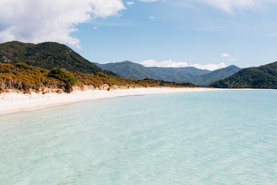 clear blue water and beach at Abel Tasman National Park, New Zealand