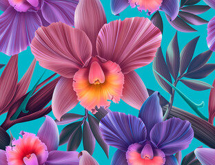 Tropical orchid flowers print background.