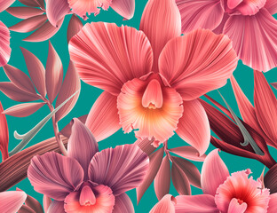 Fototapety  Tropical orchid flowers print background.