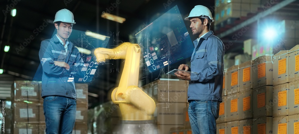 Poster engineer presenting machine engine with virtual reality augmented reality technology, smart factory 