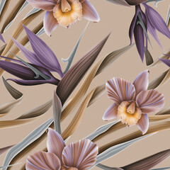Tropical orchid flowers print background. - 412428803