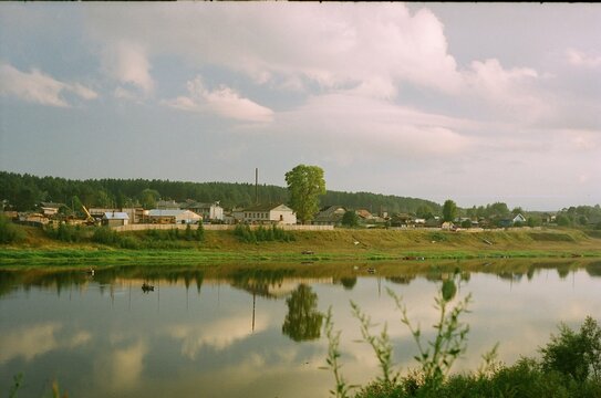 A film photo of a russian river in the countryside