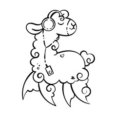 Cute curly llama in headphones with a music player. Vector illustration for coloring pages, children prints and publications