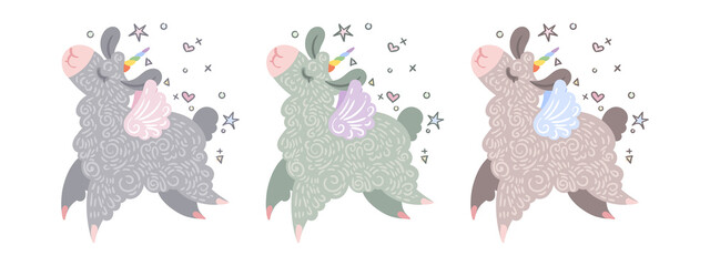 Set of cute curly llama-unicorns who flying and dancing with happiness. Vector illustration in different colors for coloring pages, children and adult prints, baby shower