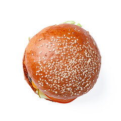 Cooked burger isolated on white background top view
