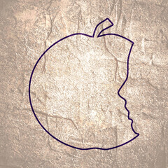 An apple with face profile view. Optical illusion. Human head make silhouette of fruit. Half eaten apple