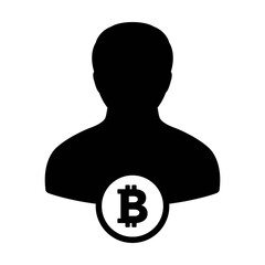 Bitcoin icon vector cryptocurrency symbol with male person profile avatar for digital currency in a glyph pictogram illustration