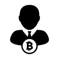 Bitcoin symbol icon vector blockchain cryptocurrency with male person profile avatar for digital wallet in a glyph pictogram illustration