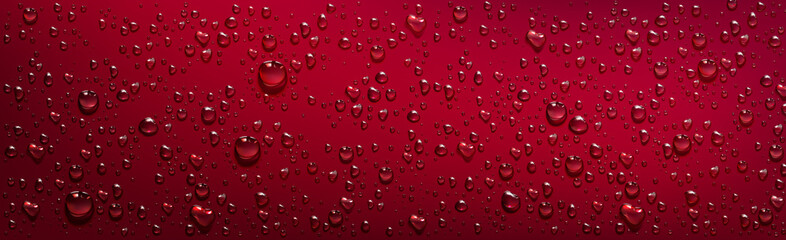 Red background with transparent water droplets. Vector realistic illustration of wet red surface with condensation of steam in shower or fog, clear aqua drops from dew or rain on window glass