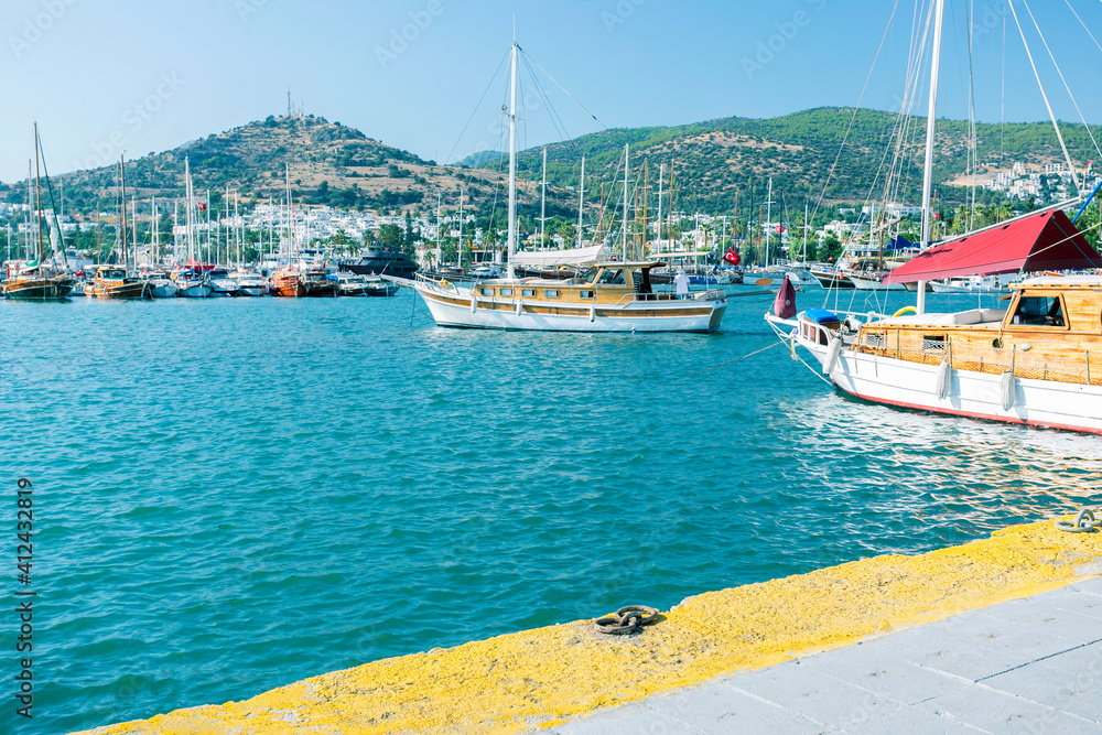 Wall mural View of the Bodrum Marina, sailing boats and yachts in Bodrum town, city of Turkey.