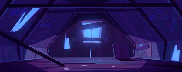 Old attic in abandoned house at night. Vector cartoon interior of garret room with broken roof, wall and beams, clutter and spiderweb. Empty messy mansard with hatch in floor and moonlight from window © klyaksun