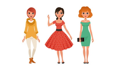 Beautiful Girls in Fashionable Clothes Set, Three Young Women Wearing Stylish Elegant Outfit Cartoon Vector Illustration